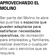 APROVECHANDO EL MOLINO Ser parte del Molino te abre las puertas a espacios que pueden adaptarse para satisfacer necesidades operativas, de recreación para empleados y familiares, realizar eventos o cualquier otro uso o servicios que se requiera.